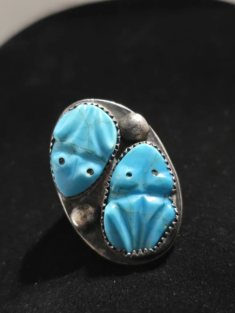 Vintage Native American Sterling Silver Carved Turquoise Ring Size 10.75 34.8 gr